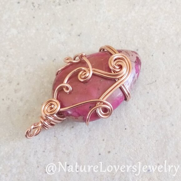 Artisan Jewelry - Deep Rose Pink ~ Sea Sediment Jasper Pendant ~ Feminine Copper Wire Wrap Design